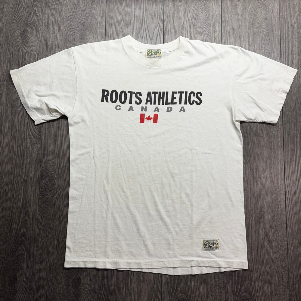 Vintage Roots Athletics Canada T-Shirt 1990s White Graphic Tee Mens Large 90s